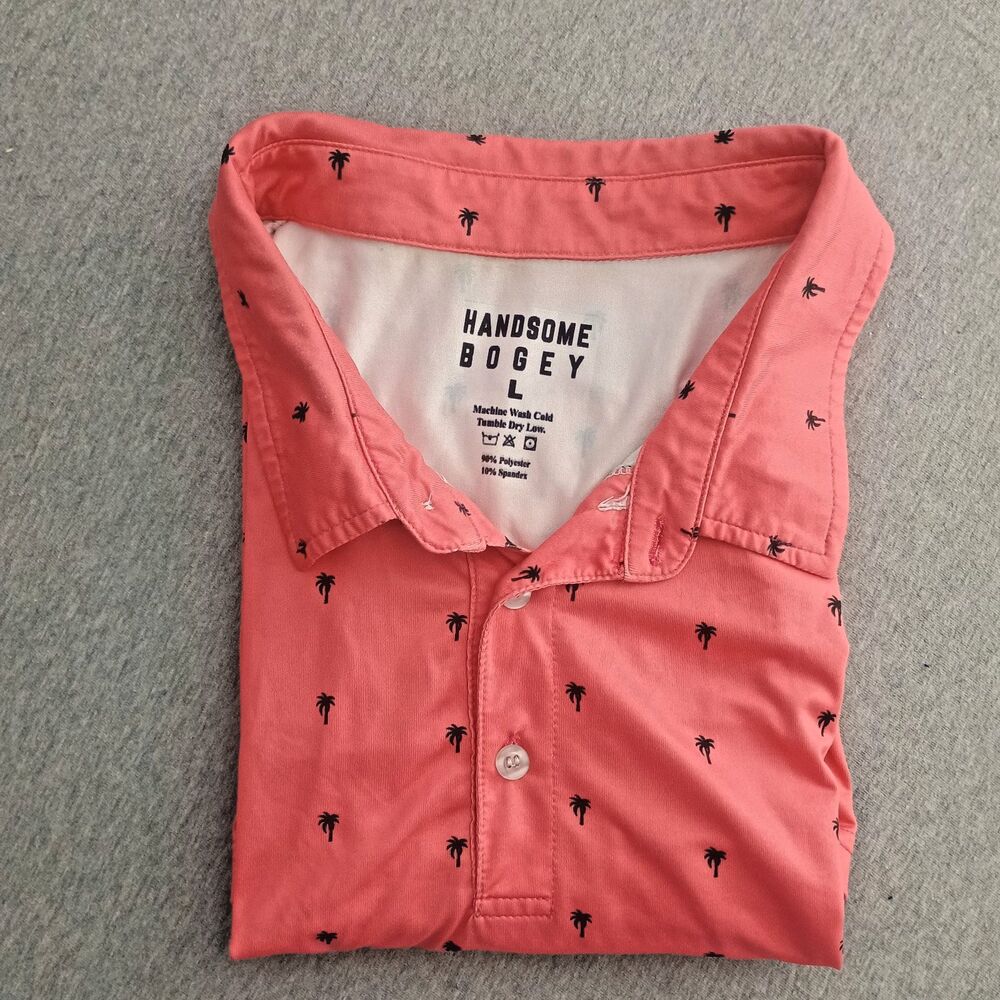 Handsome Bogey Golf Polo Shirt Mens Large Coral Pink Palm Tree Print Performance